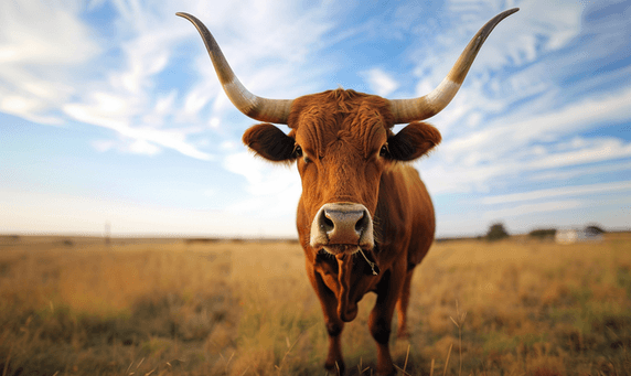 创意棕色长角公牛在牧场上舔着鼻子动物畜牧业