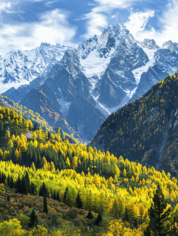 创意山地景观斜坡上有秋天的森林雪覆盖的岩石山峰