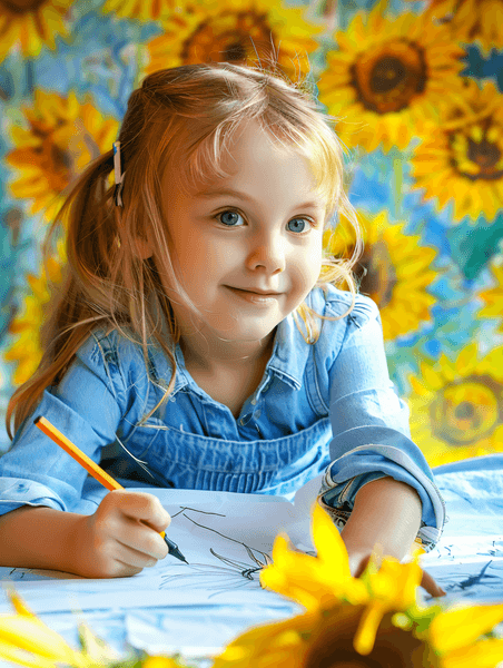 创意教育培训向日葵里画画的孩子