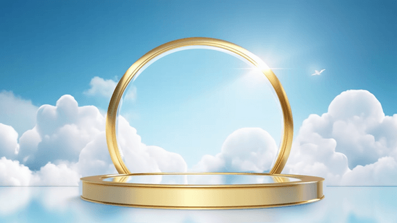 创意夏日3D电商云朵里的金色圆展台设计