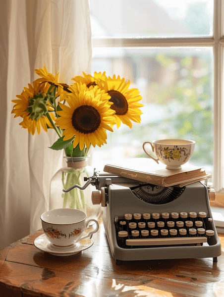 创意老式灰色打字机一瓶向日葵一摞书和桌上的茶杯