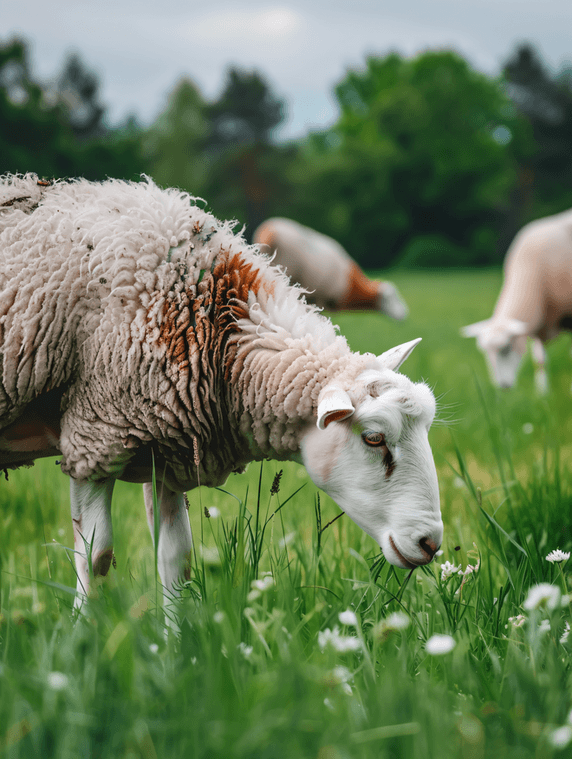 羊在农场吃绿草在牧场上吃草动物畜牧业