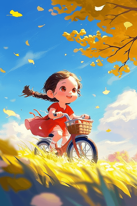 创意儿童节可爱女孩骑车秋天手绘插画海报