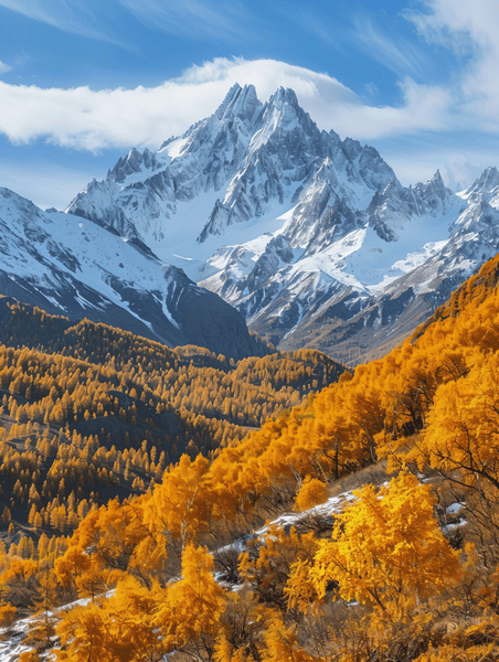 创意山地景观斜坡上有秋天的森林雪覆盖的岩石山峰