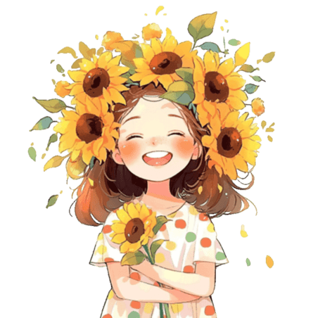创意可爱女孩向日葵免抠夏季元素
