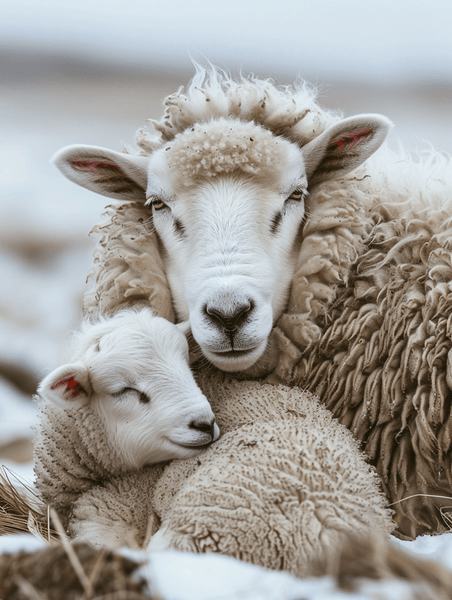 创意冰岛的一只绵羊和它的小牛正在睡觉动物畜牧业