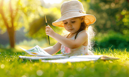 创意儿童美术小女孩户外草坪写生画画教育培训摄影图