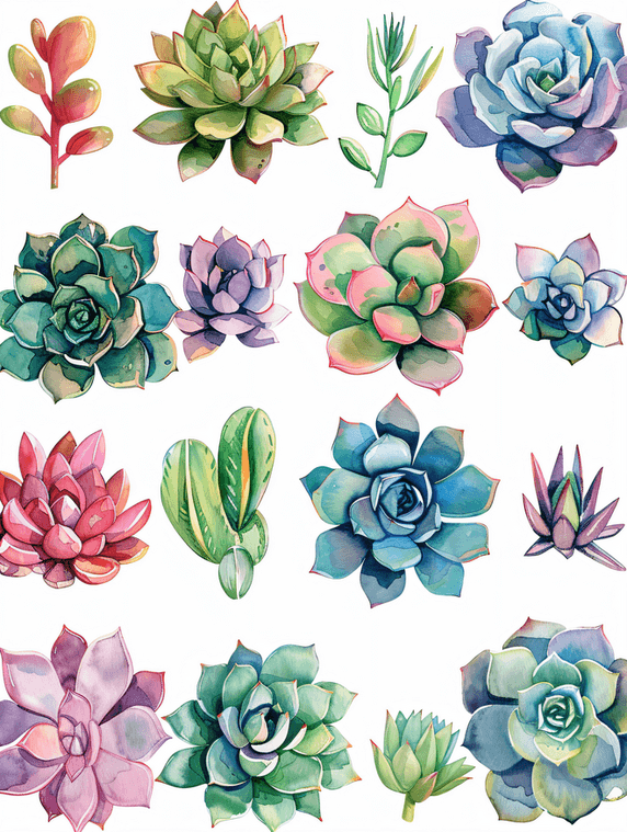 创意白色背景上孤立的一组不同的多肉植物水彩画