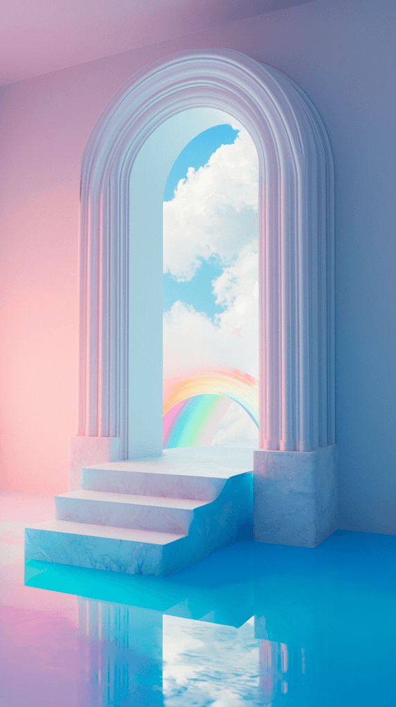 创意蓝粉色梦幻玻璃拱门概念空间拱门抽象彩虹场景