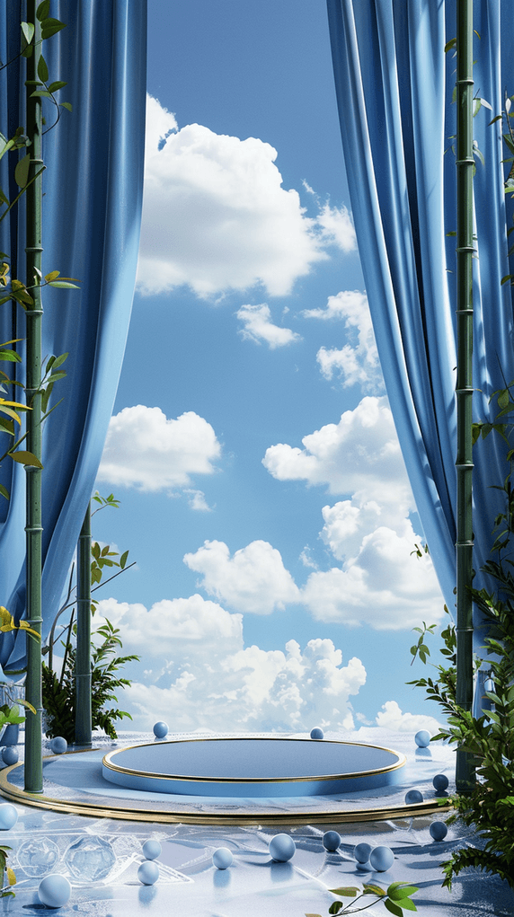 夏天夏季简约玻璃风蓝色竹叶产品展示台电商展台背景