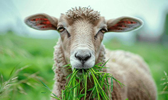 创意畜牧业吃绿草的羊头的特写