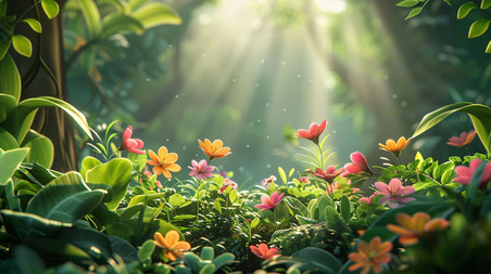 创意夏天春天丛林雨林花卉植物彩色合成创意素材背景