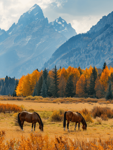 创意秋天的午后马儿在大提顿山脉吃草畜牧业