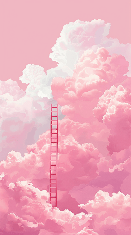 创意楼梯抽象云朵夏天粉色云朵和梯子概念场景素材