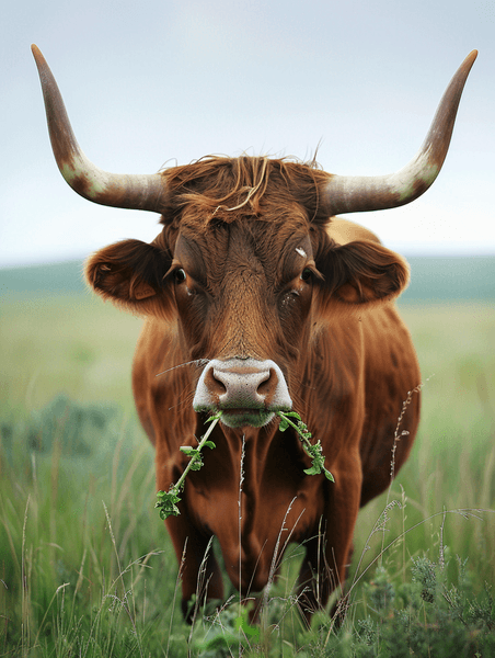 创意清晨咀嚼长角牛动物畜牧业