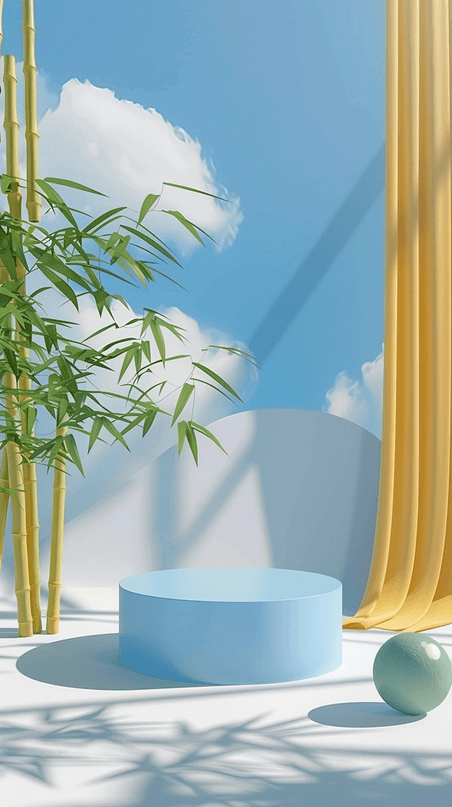 夏天夏季简约玻璃风蓝色创意竹子竹叶产品展示台背景