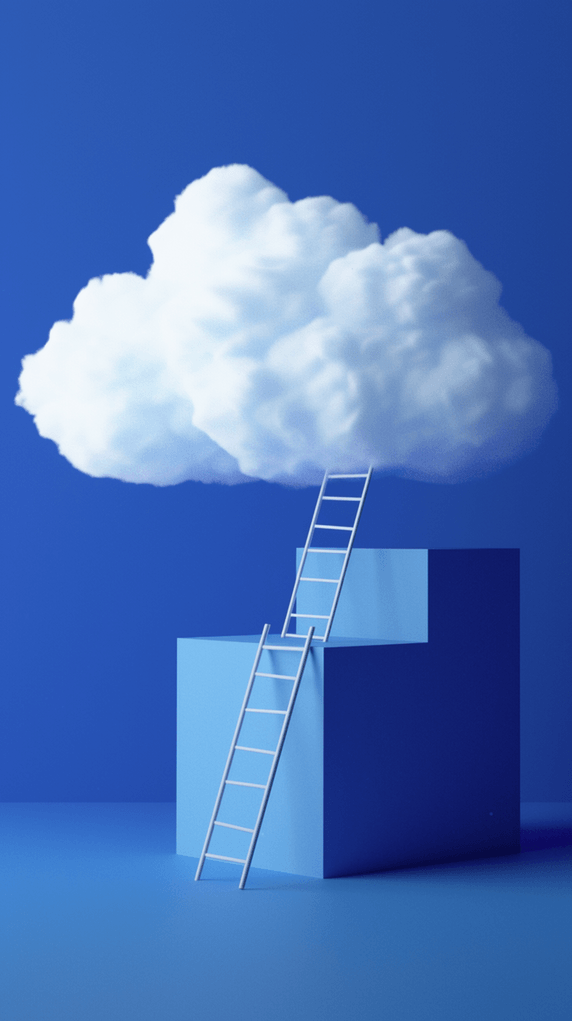 创意蓝色电商概念场景白云和梯子楼梯抽象云朵背景