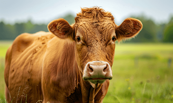 创意绿色草地背景下一头年轻棕色公牛的肖像动物畜牧业
