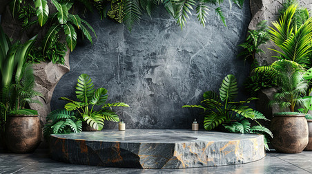 创意自然原始植物原木风石头展台化妆品广告热带树叶设计