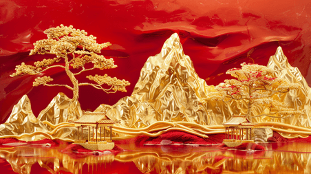 创意红金国潮红色场景金色壁画山景树木的背景图