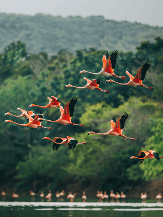 创意古巴飞翔的粉红色火烈鸟群野生动物