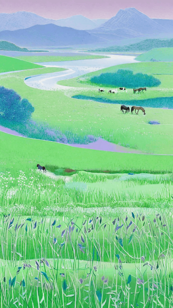 创意阿勒泰旅游夏天牧场牧马草原马匹自然新疆风景插画