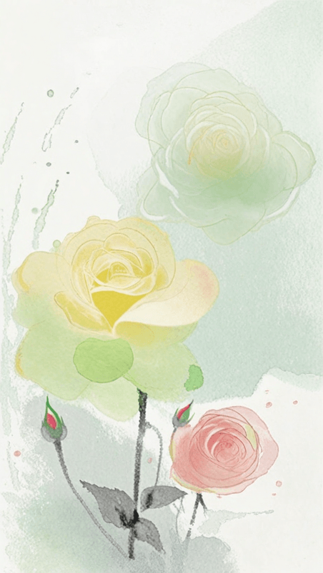 创意黄玫瑰清新淡雅空灵轻柔清透水墨彩墨晕染玫瑰背景