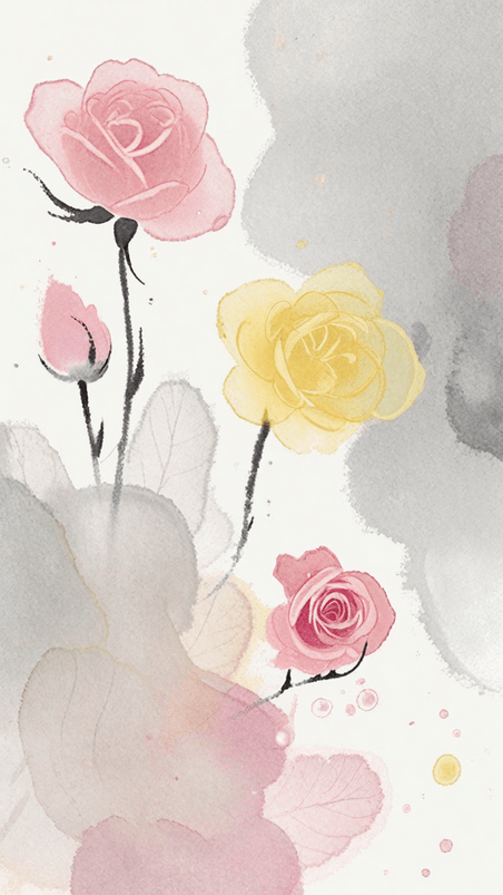 创意轻柔黄玫瑰清新淡雅空灵清透水彩晕染黄粉玫瑰背景