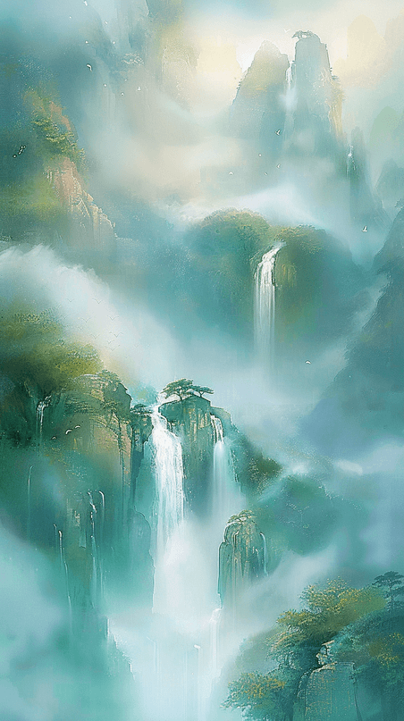 创意国潮中国风大气国风青色山水云雾缭绕群山插画