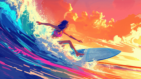 创意正在冲浪的女性夏天夏季游泳插画6