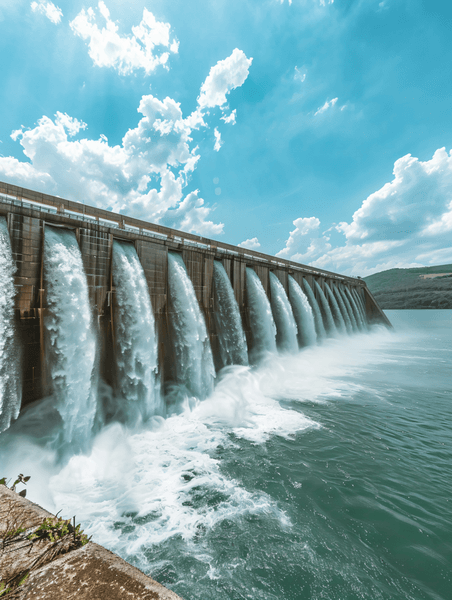 创意大型水库坝墙放水与美丽的天空新能源水能势能
