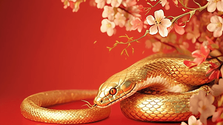 创意国风新年红色春节蛇年梅花金蛇背景