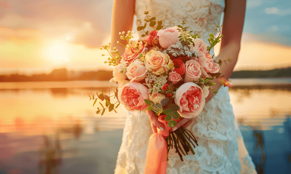 创意日落时分新娘手捧花背景是美丽的大湖乡村婚礼