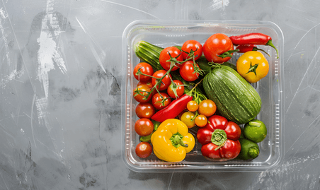 创意灰色混凝土背景上塑料盒中成熟健康丑陋的蔬菜