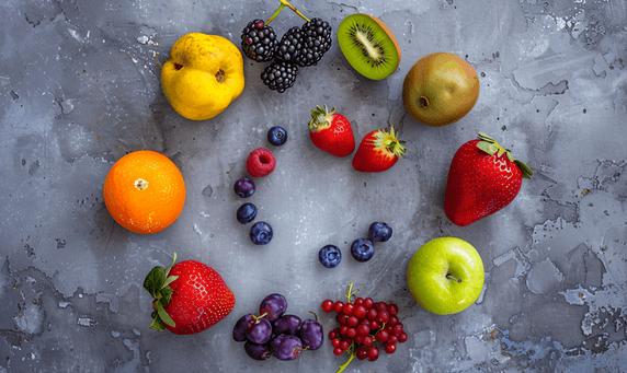 创意六种丑陋的水果和浆果在灰色混凝土背景上呈圆圈状排列