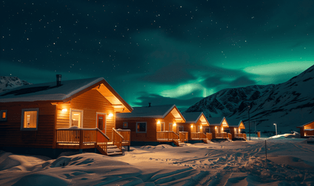 创意天空努克郊区的一排小屋和绿色北极光摄影照片