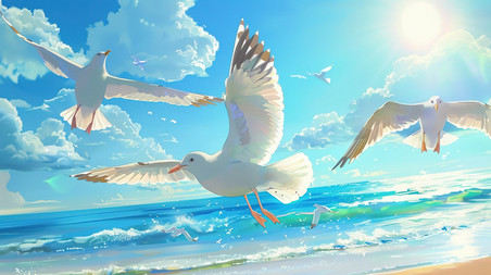 创意夏日手绘海边飞翔的海鸥夏天大海沙滩旅游度假插画