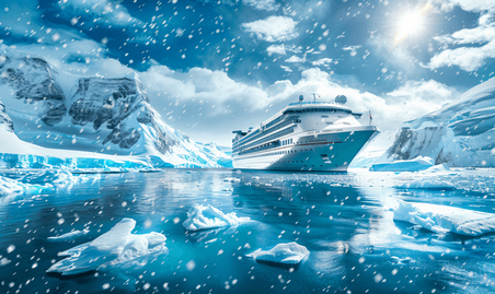 创意南极洲查科港布斯岛蓝色冰山间的降雪和游轮北极旅游