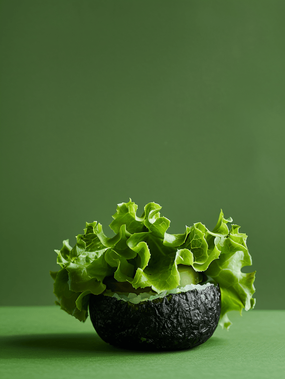 创意蔬菜绿色生菜叶位于黑色圆面包的一半上