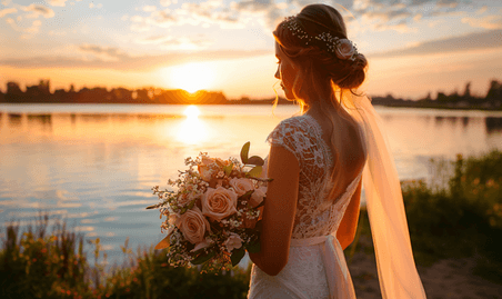 创意日落时分新娘手捧花背景是美丽的大湖乡村婚礼婚纱照
