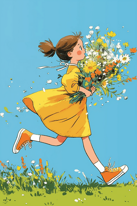 创意海报可爱女孩鲜花奔跑手绘插画