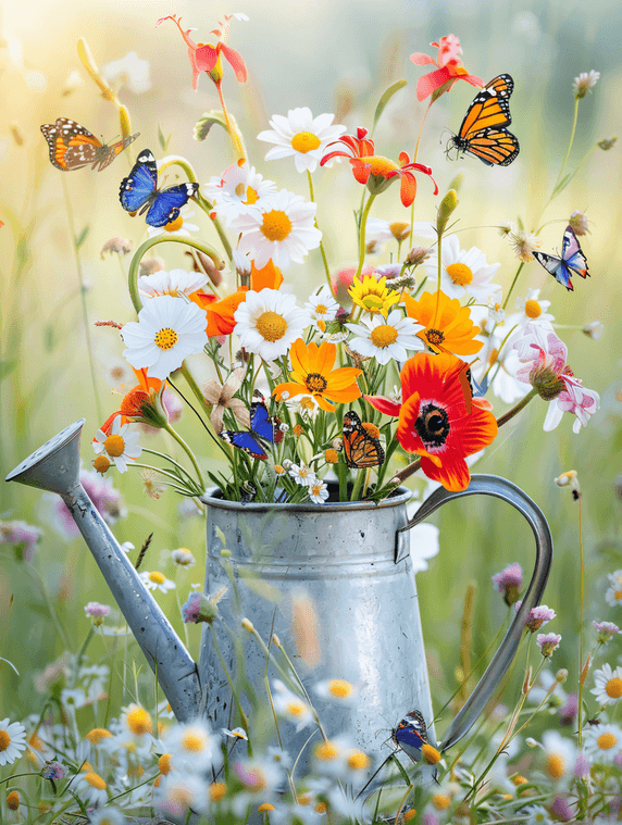 春天美丽文艺喷壶里五颜六色的野花花束有蝴蝶