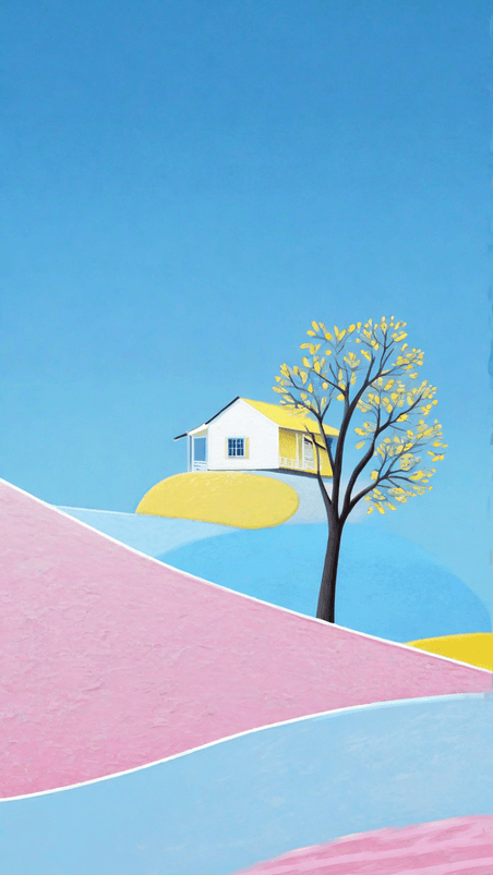创意文艺清新蓝粉色夏日山坡上的房子素材