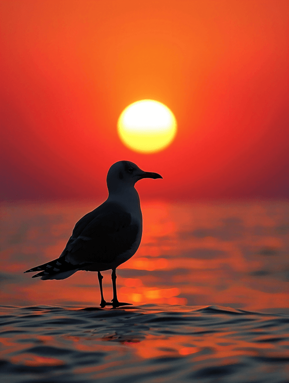 创意红色夕阳下的海鸥野生动物落日大海