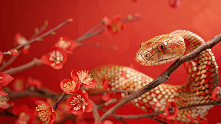 创意国风新年国潮红色春节梅花金蛇背景
