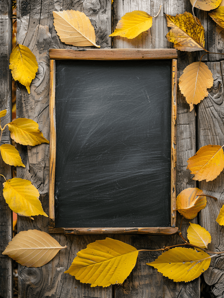 创意文艺秋天棕色木质背景上的空木黑板和黄色樱桃叶