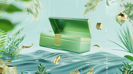 创意绿盒植物水面合成创意素材背景
