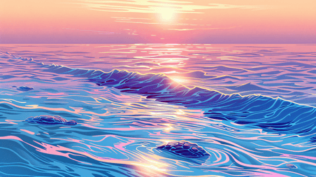 彩色夕阳海浪大海美丽的落日海水插画4
