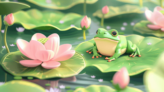 夏天夏季荷塘荷花荷叶上的青蛙插画6