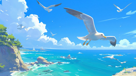 创意夏日海边的飞翔海鸥夏天大海沙滩旅游度假插画